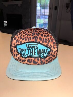 Vans Leopard Print Trucker Hat with Teal Patch and Brim